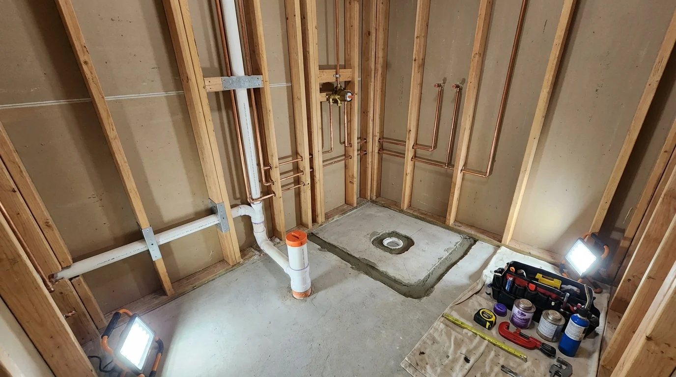 Bathroom rough-in plumbing during remodel by Johns Plumbing LLC in Morton Grove