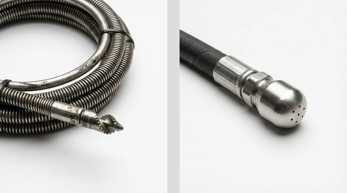 Drain snake cable and hydro jetting nozzle used for drain cleaning in Morton Grove, IL
