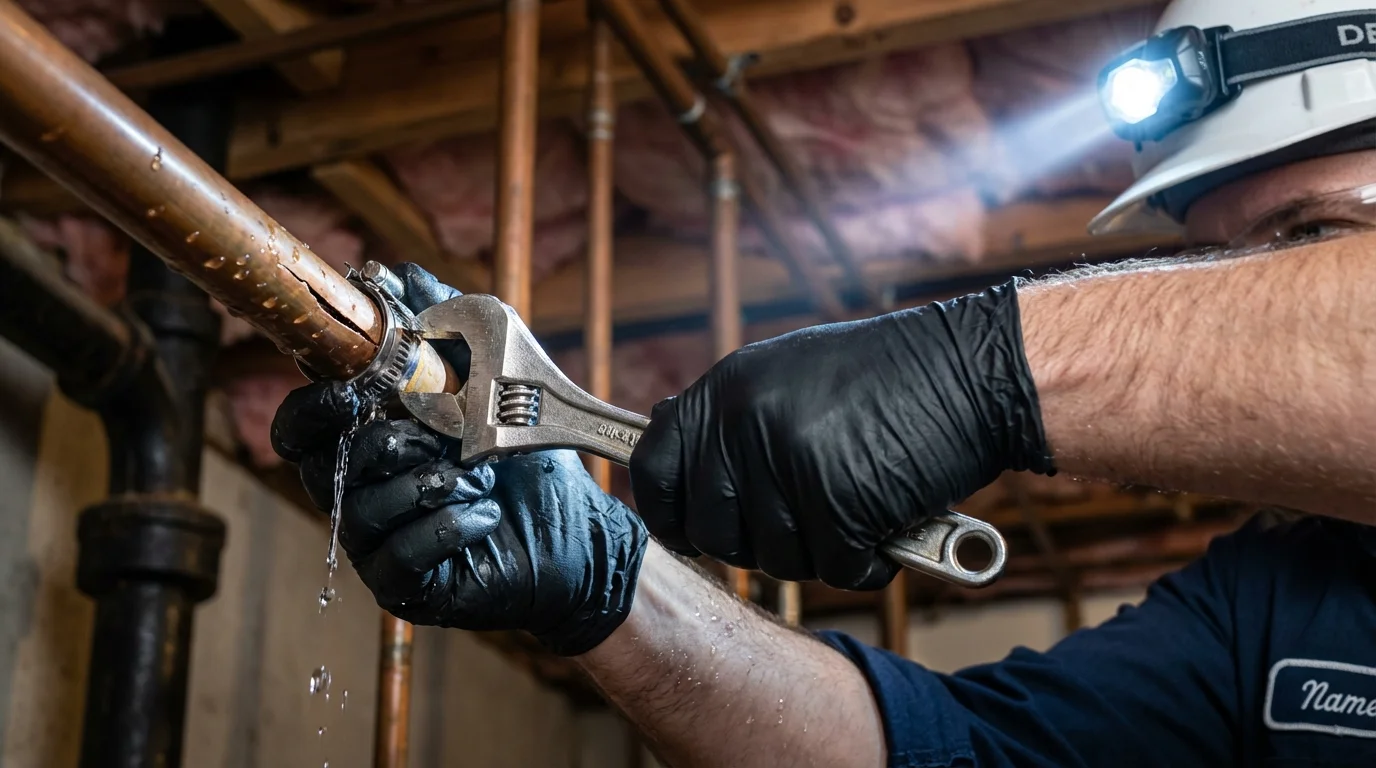 Emergency pipe clamp repair being performed by a Johns Plumbing LLC plumber in Morton Grove