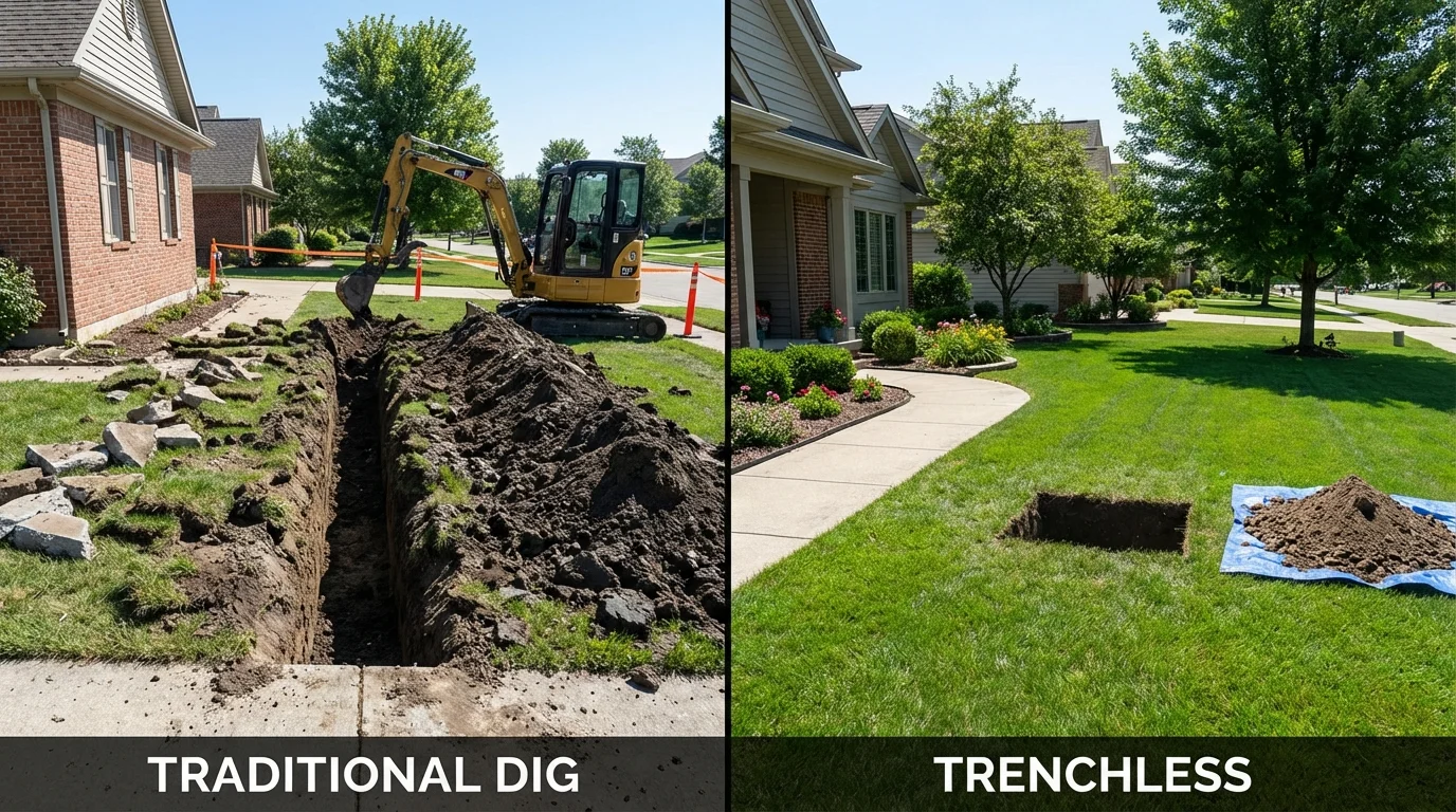 Trenchless sewer repair with minimal yard damage versus traditional excavation in Morton Grove, IL
