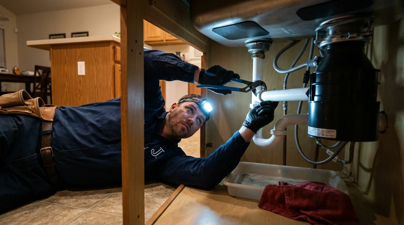P-trap and supply line connections under a kitchen sink showing a common leak point in Morton Grove, IL